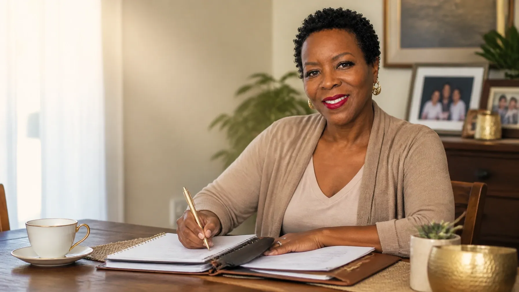 A confident woman intentionally organizing her future care and legacy plans at a warm home table