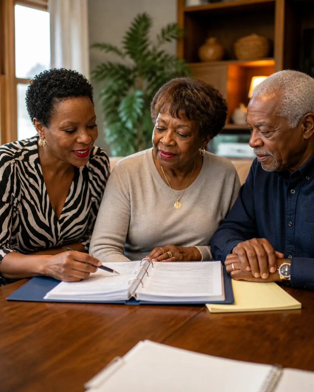 A woman helps an older couple review documents at a kitchen table