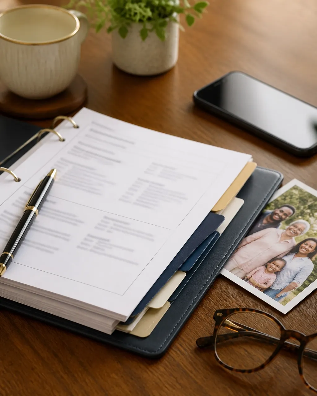 An organized planning binder, pen, glasses, and family photograph on a warm wood desk