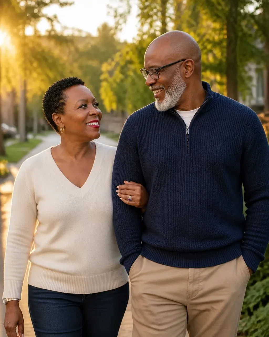 A mature Black couple walking together in warm evening light, representing partnership and hopeful aging
