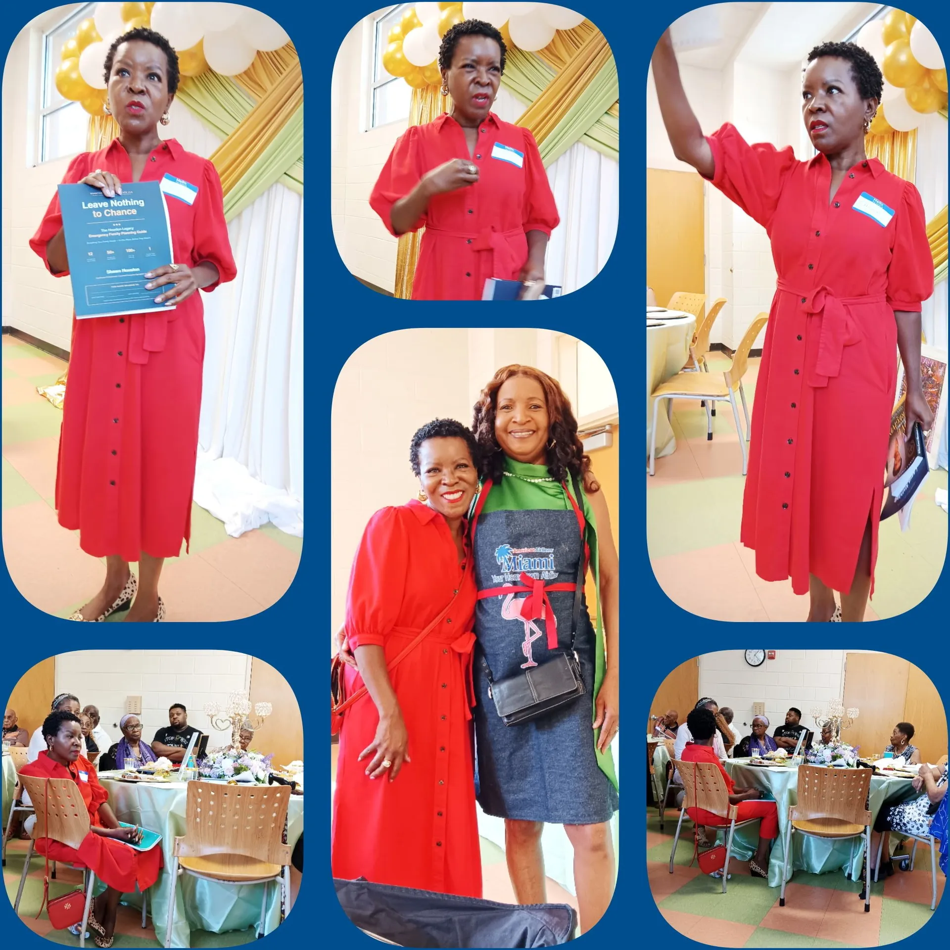 Shawn Caprice Houston participating in a community gathering, holding her Leave Nothing to Chance family-planning guide while speaking with attendees
