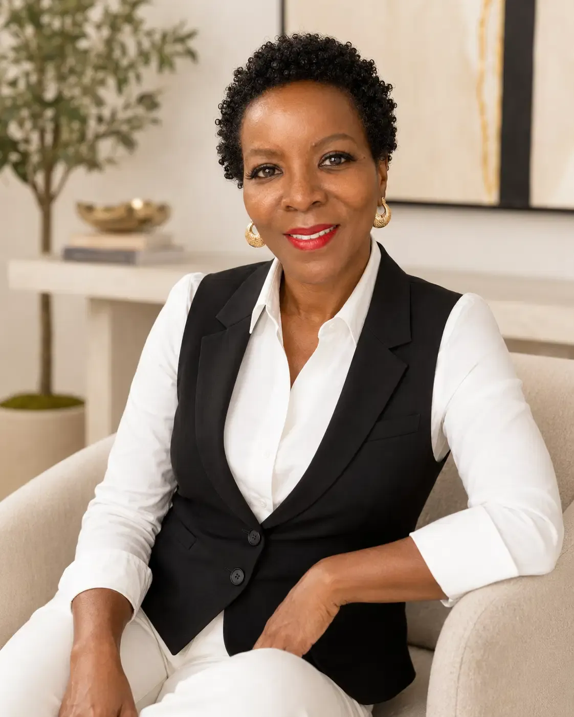 Shawn Caprice Houston seated in a black vest and white shirt