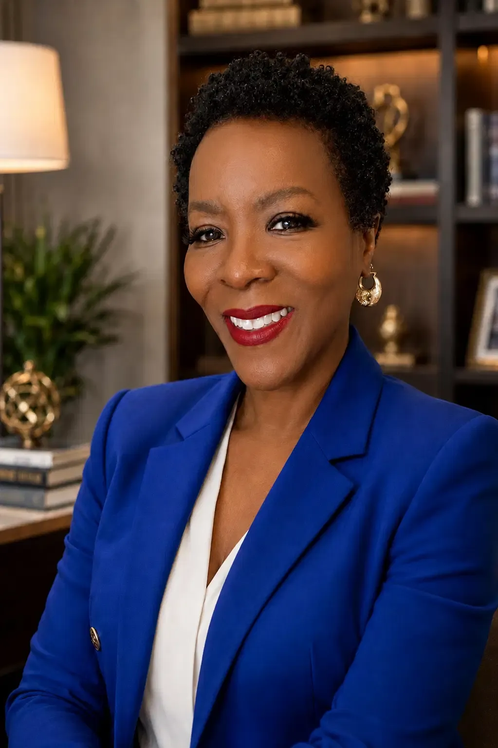 Shawn Caprice Houston smiling warmly in a blue blazer