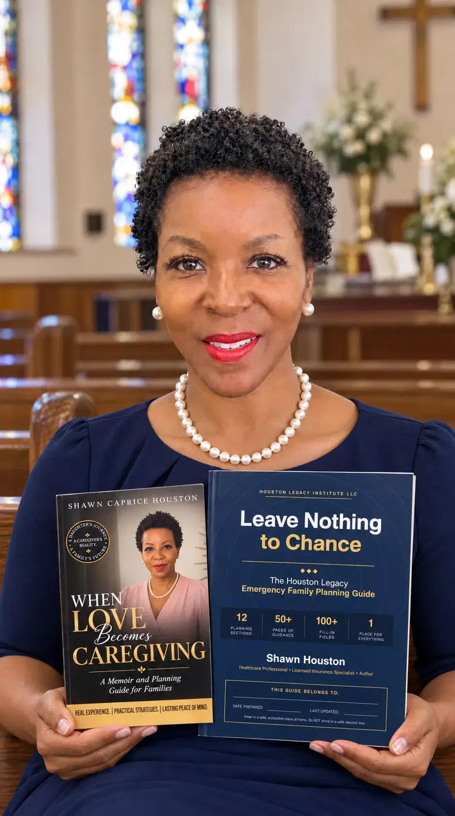 Shawn Caprice Houston holding When Love Becomes Caregiving and Leave Nothing to Chance at a church