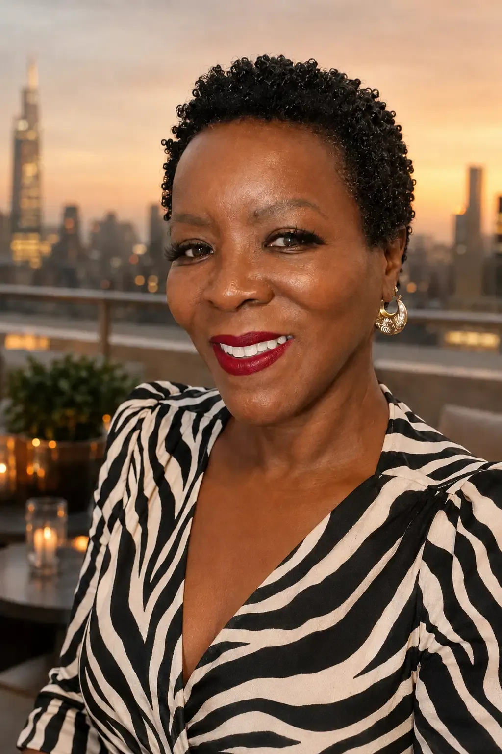 Shawn Houston smiling in a patterned dress with a city skyline behind her